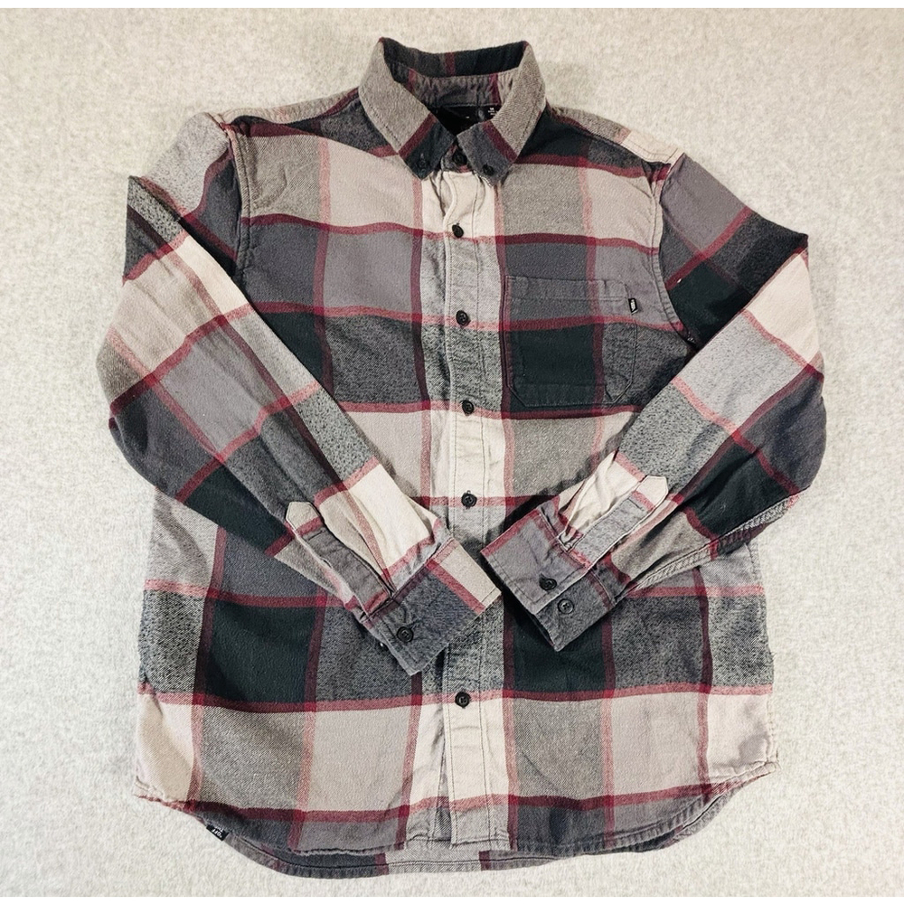 Vans Plaid Flannel Shirt Mens Medium Gray Red Button Up Skate Cotton M